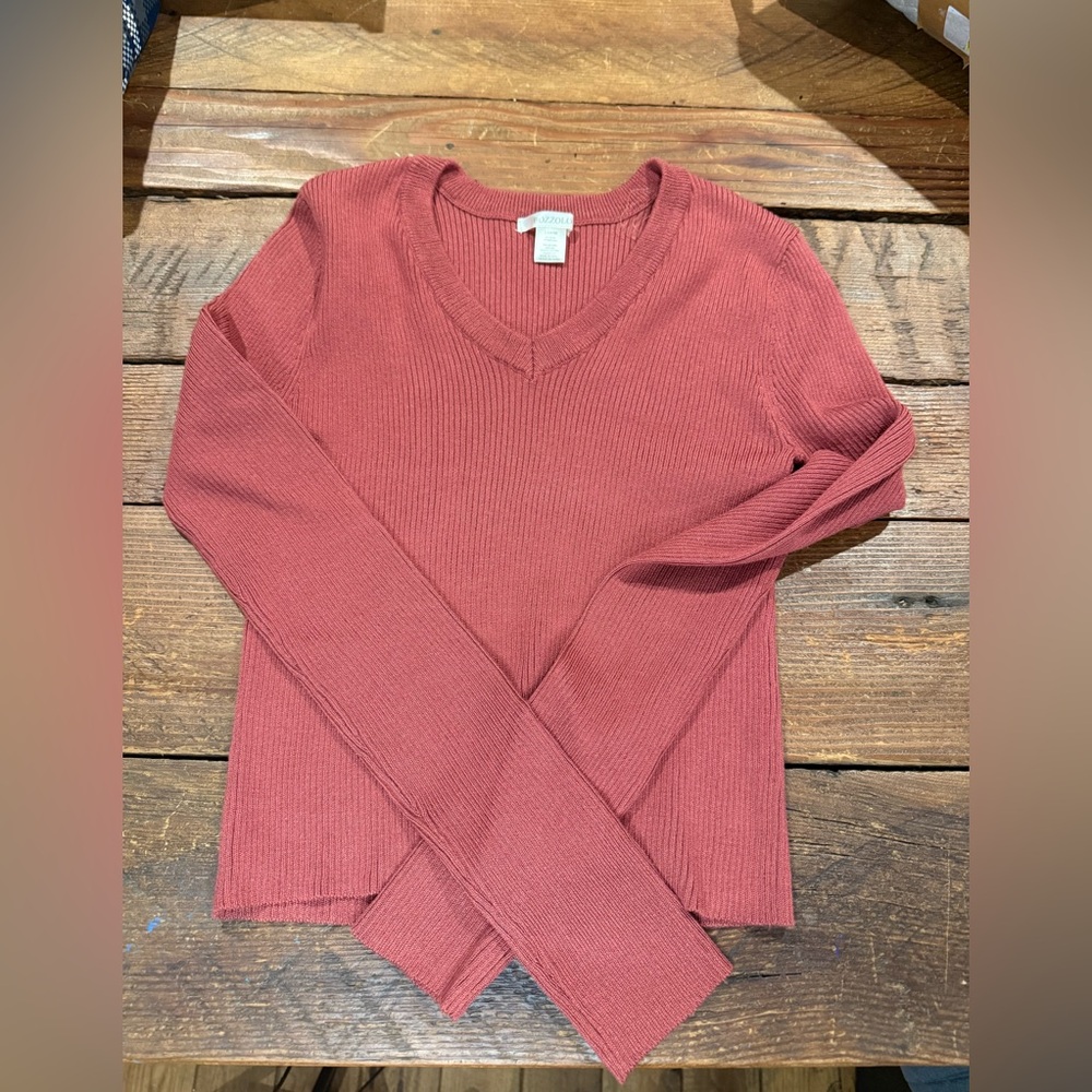 Bozzolo V-Neck Sweater Shirt  in Warm Rust Size Large